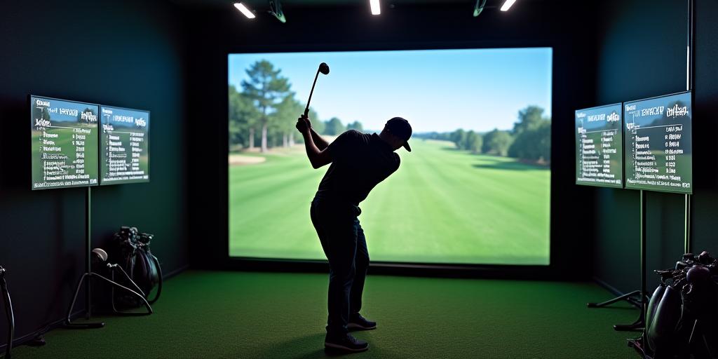 弾道測定器の前でスイングするゴルファー